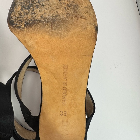 Manolo Blahnik Crystal Buckle & Ring Black Suede Open Toe Sandal Heel - Size 38 - Picture 12 of 12